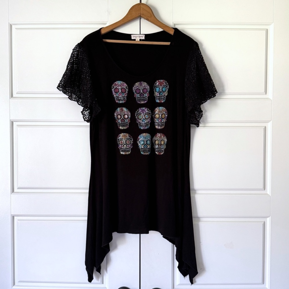 Song N Spirit Sugar Skull Top Womens XL Black Calavera Halloween Goth Rhinestone